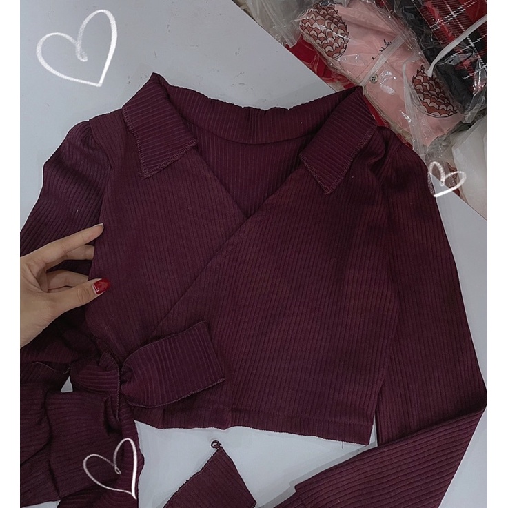 áo  lcrop top cổ bẻ cột nơ đắp chéo phong cách hàn quốc siêu xinh
