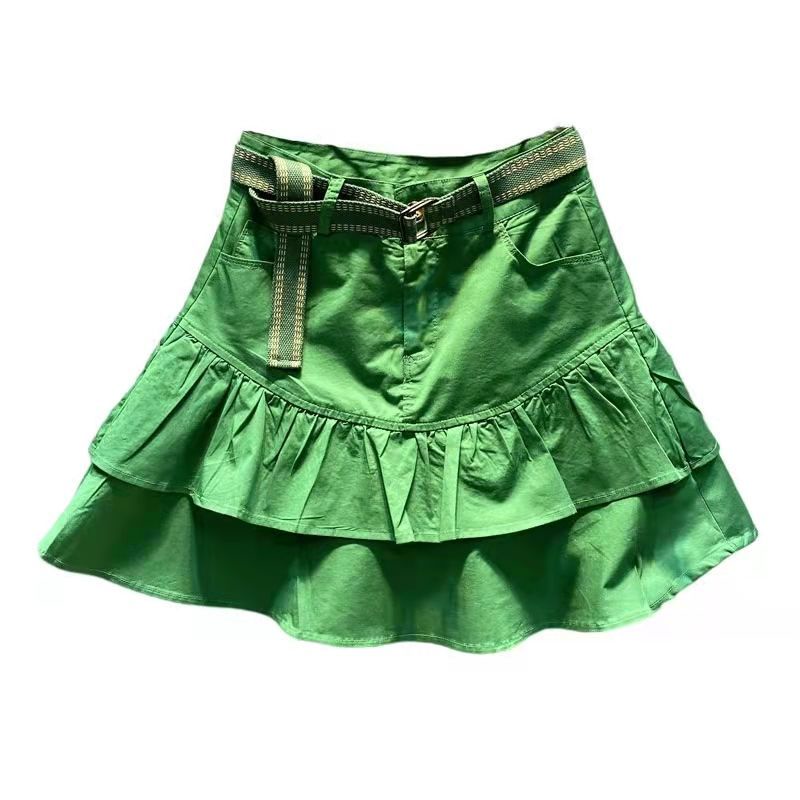 Jiashucheng Chân Váy Chữ a Lưng Cao Nhún Bèo Màu Xanh Lá Phong Cách Hàn Quốc Thời Trang Xuân Hè Dành Cho Bạn Nữ