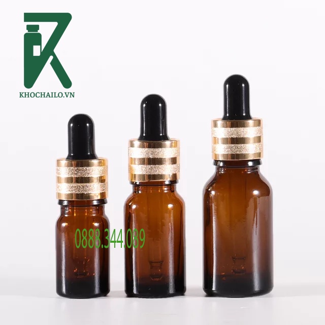 Vỏ chai lọ thủy tinh chai chiết tinh dầu,serum nâu,khoen vàng 3 vân cao cấp dung tích 10ml,15ml,20ml,30ml,50ml,100ml