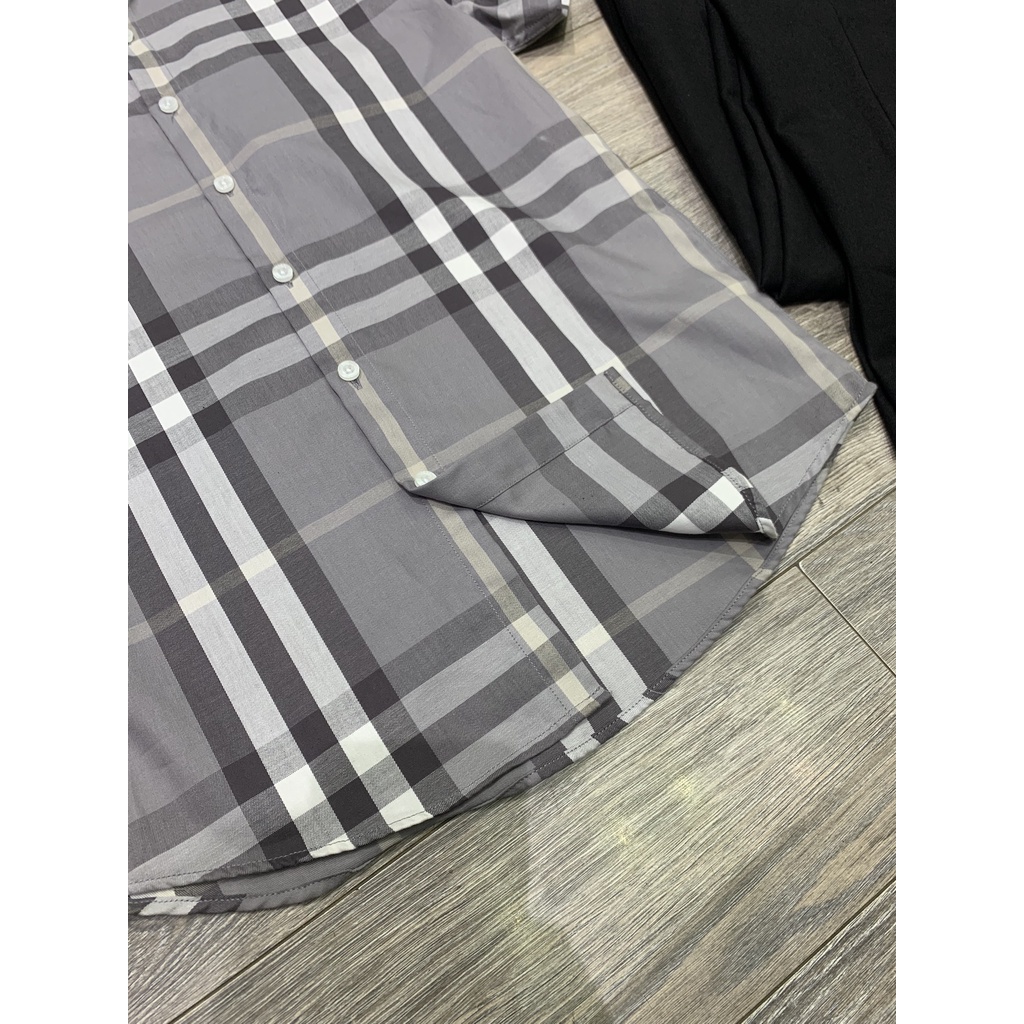 Áo sơ mi BBR ngắn tay họa tiết kẻ nhỏ chất cotton xịn màu ghi sáng