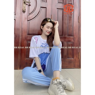 ĐỒ BỘ NỮ THUN SỌC - (Nhiều Mẫu) QUẦN XANH DƯƠNG, ÁO CARTOON From Rộng Unisex , Freesize DƯỚI 65KG - BB REAL