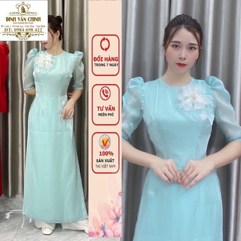 Áo dài cao cấp đẹp_chất tơ ánh lót lụa tông xanh min