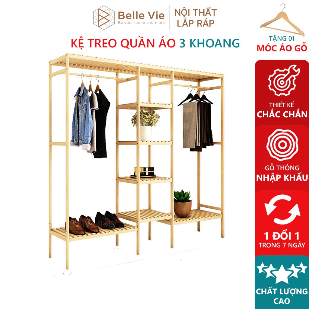 Tủ Quần Áo BELLEVIE Giá Treo Quần Áo Gỗ Thông 3 Gian Phong Cách Hàn Quốc Kệ Gỗ Thông Nhập Khẩu