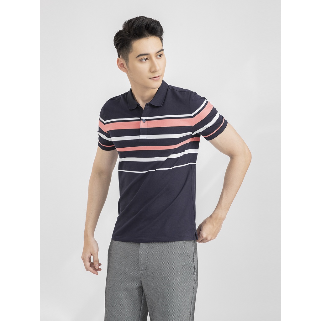 Áo thun ngắn tay có cổ cho nam ARISTINO hoạ tiết kẻ ngang phối màu, mềm nhẹ thấm hút tốt - APS001S1