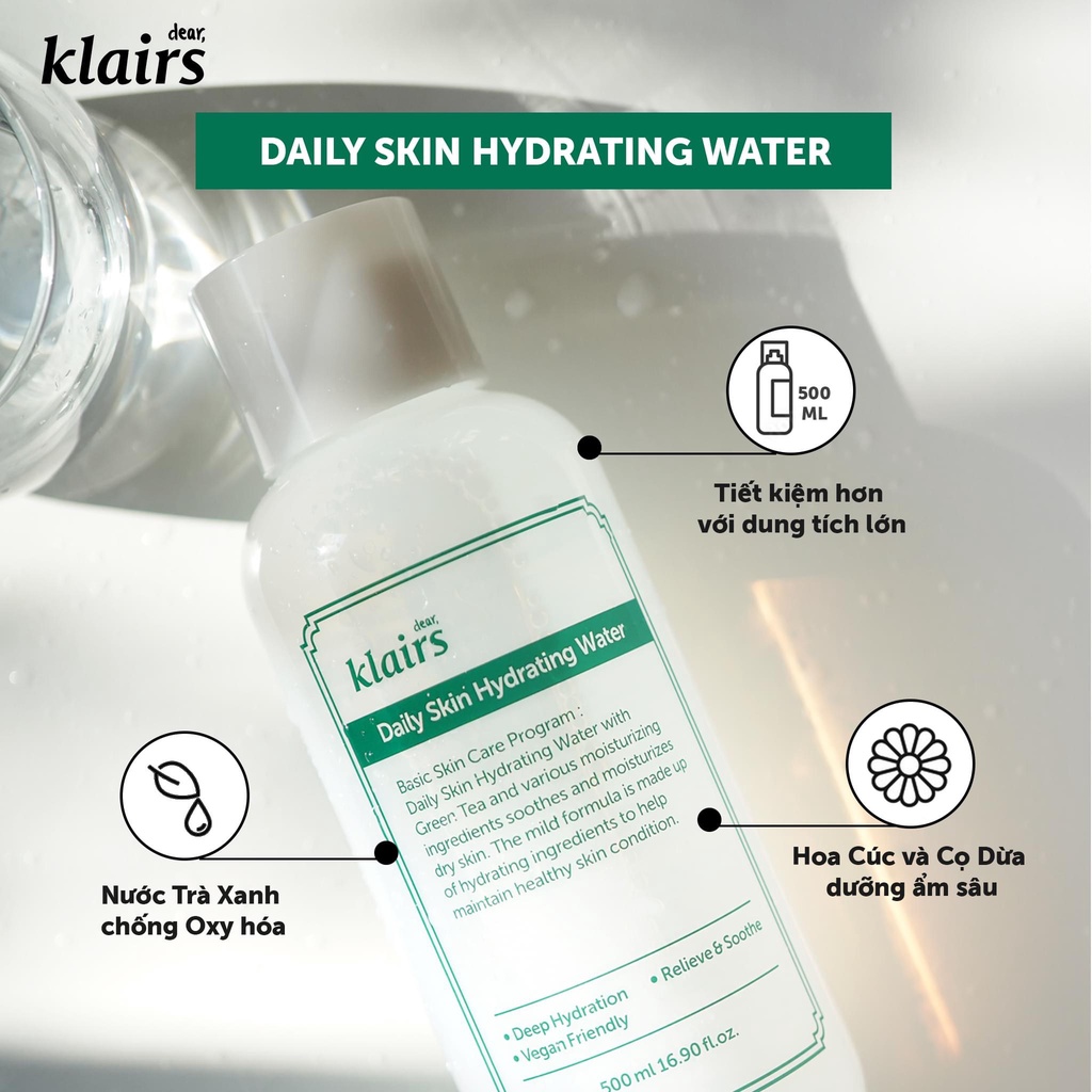 Nước Hoa Hồng Dưỡng Ẩm Klairs Daily Skin Hydrating Water 500ml [Hộp Trắng]