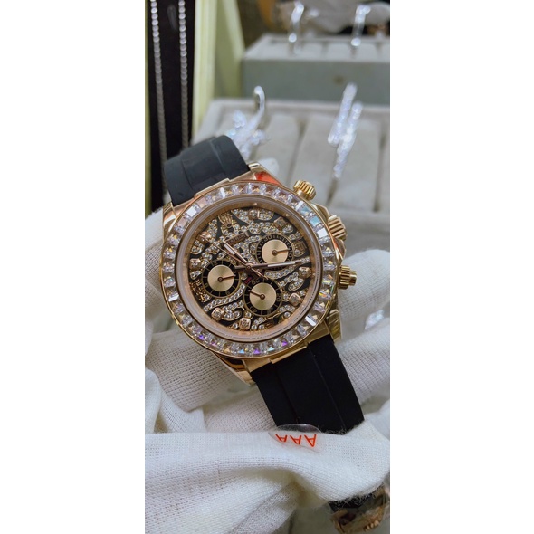 Đồng hồ nam Rolex mặt tròn vằn đính viền đá sang trọng chống nước bảo hành 24t
