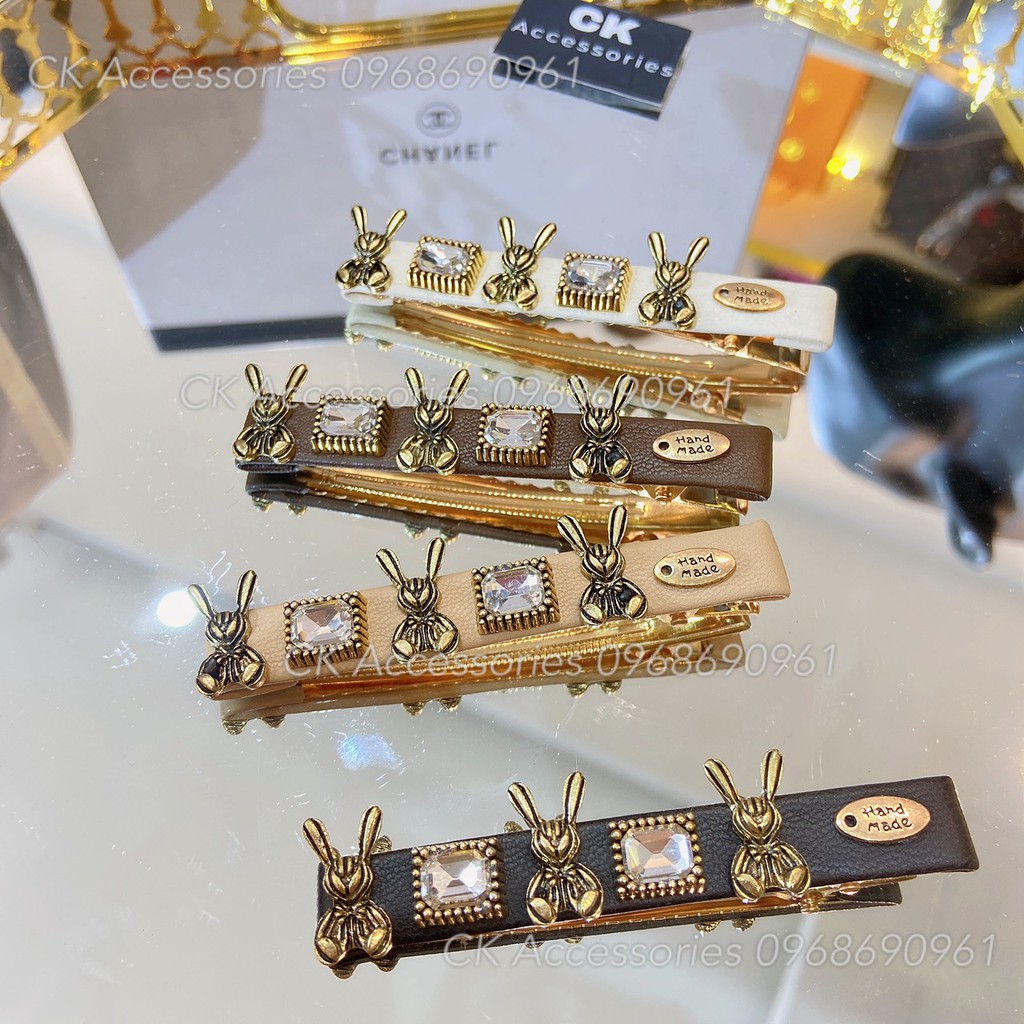 [FreeShip] [Ảnh thật] Kẹp tóc bấm da phối hoạ tiết xích đá chữ Guc hàng cao cấp loại 1