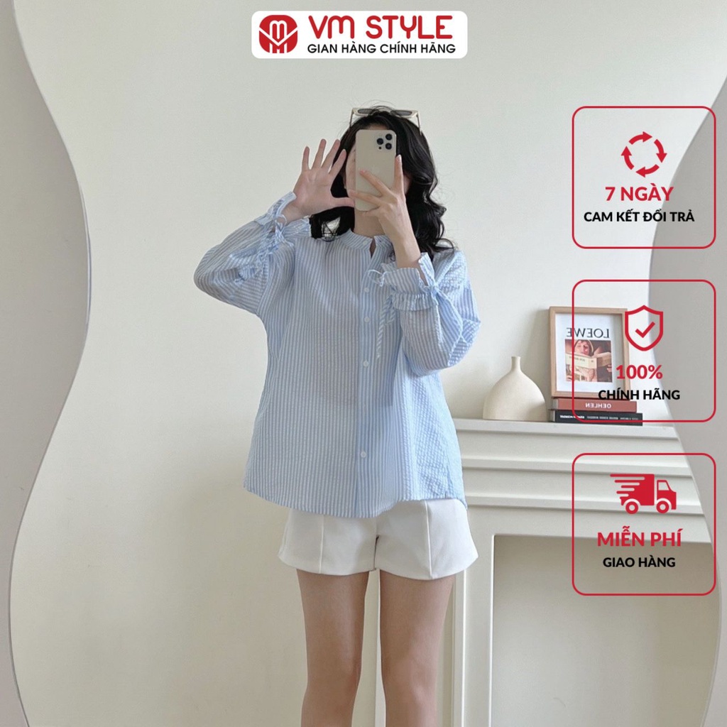 Áo sơ mi nữ VMSTYLE cổ trụ tay dài bo dây rút họa tiết kẻ sọc thanh lịch-020568- SMU00081