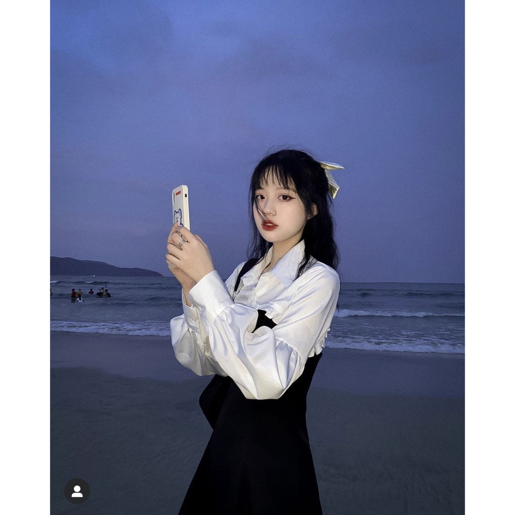 (CLIP THẬT) Đầm 2 dây phối áo croptop sơ mi tay bồng | BigBuy360 - bigbuy360.vn