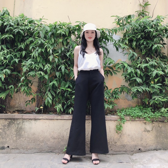 Quần dài ống loe cạp cao chất vải tây màu đen