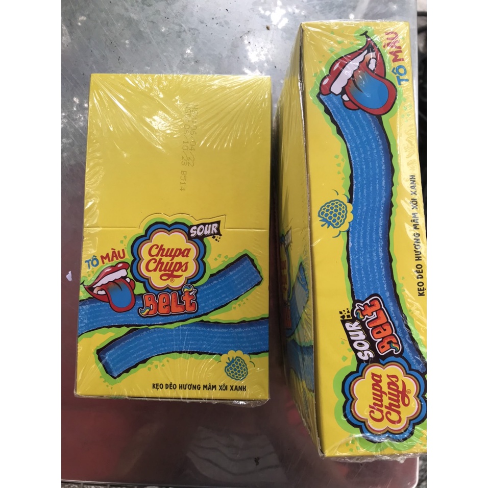 Kẹo Dẻo Tô Màu Chupa Chups Sour Belt Hương Mâm Xôi Xanh (Hộp 48 thanh)