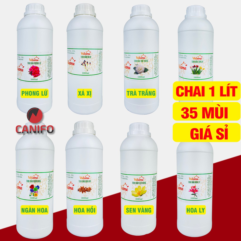 1lít tinh dầu nguyên chất CANIFO, có 33 mùi: cam, dâu, dứa, chanh, gỗ hồng, hoa lan, long não, tràm trà, trầm