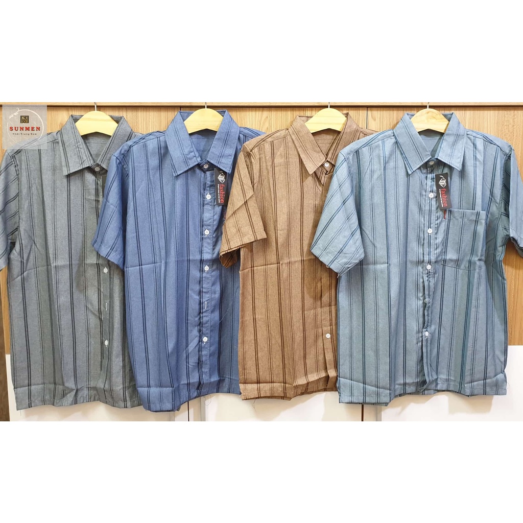 [HCM] Áo Sơ Mi Nam Trung Niên Kẻ Sọc Tay Ngắn Vải Lụa Xô Cao Cấp Siêu Mát From Rộng Rãi Thoải Mái SUNMEN Size Từ 50-90kg