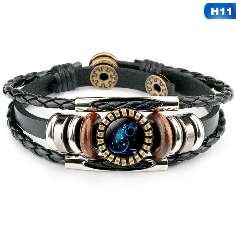 flowersqueen Vòng tay tết dây da PU mặt thủy tinh tròn họa tiết 12 cung hoàng đạo