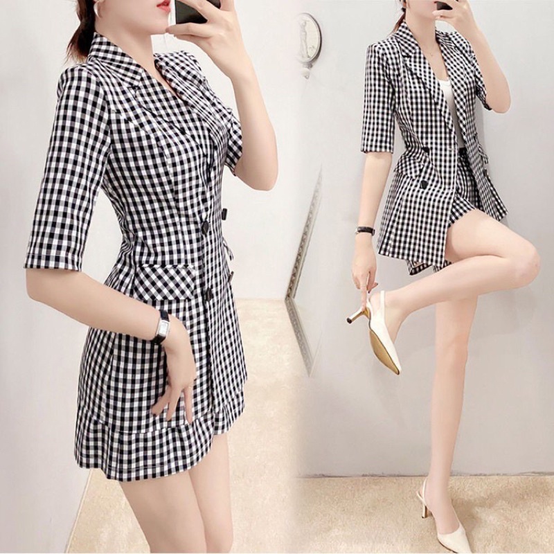 Set bộ vest caro short 3 món hàng siêu đẹp size 45-67kg