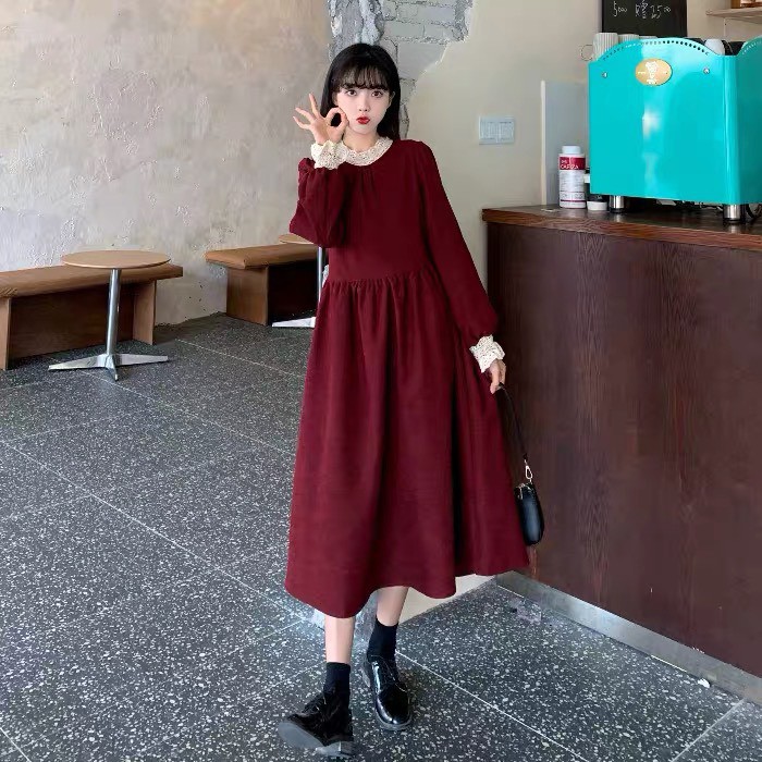 [HÀNG ĐẸP] Váy nhung tăm retro ulzzang vintage dài tay - M17 - janna house