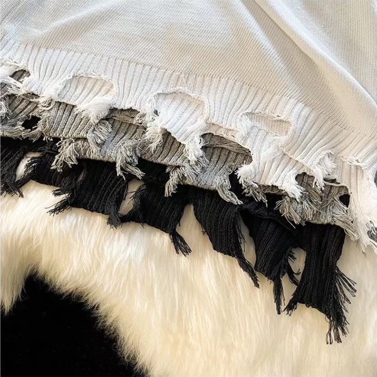 Áo sweater Dệt Kim Tay Dài Dáng Rộng Cổ Tròn Rách Gối Phong Cách Hàn Quốc Thời Trang Cho Nam Và Nữ