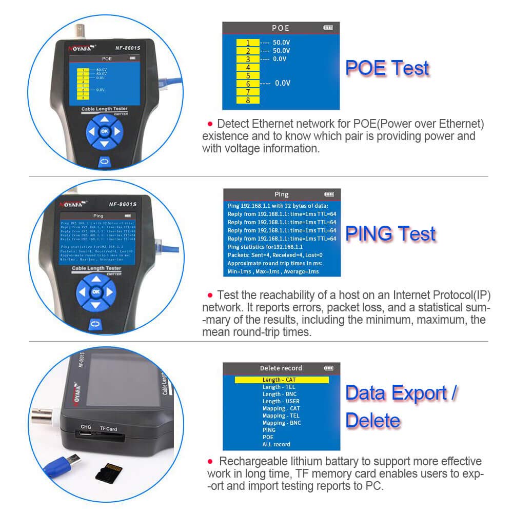 Máy test cáp mạng đa năng màn hình màu / Test POE/PING/Đo chiều dài/Scan NOYAFA NF-8601S