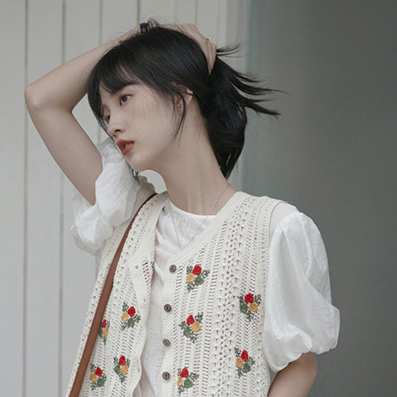 Áo Khoác Cardigan Dệt Kim Không Tay Cổ Chữ V Họa Tiết Hoa Vintage Cho Nữ