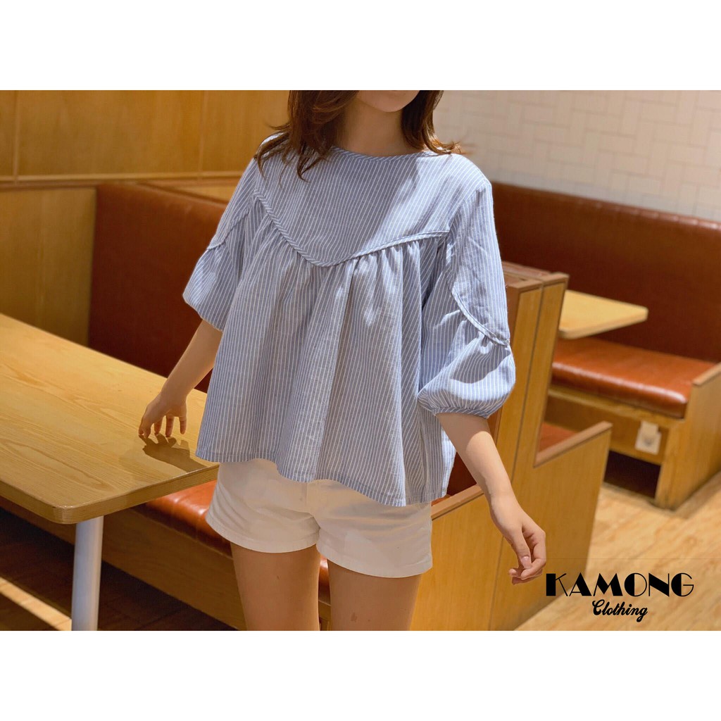 Hình Thật] Áo Babydoll Sọc Viền (Xanh Biển). - Khuyến Mãi Giá Rẻ Chỉ:  109.000 Đ | Giảm Giá Mỗi Ngày