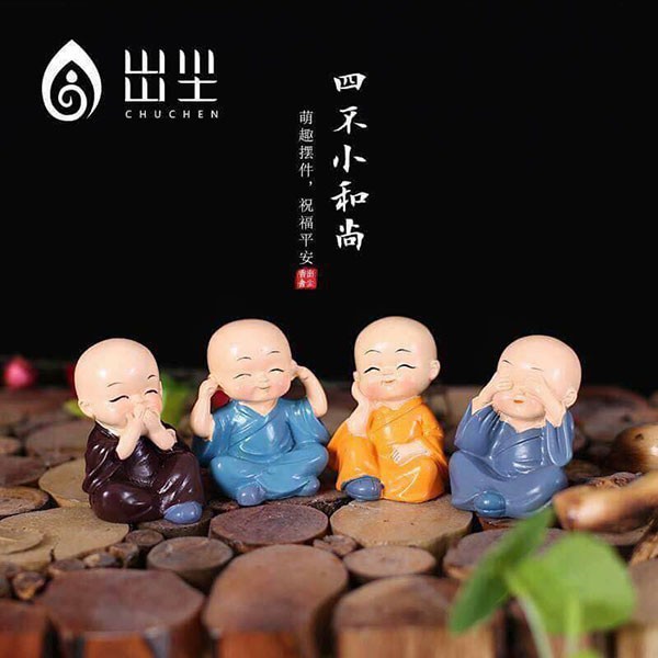 Bộ Tượng Chú Tiểu Hòa Thượng Tứ Không - Phật Phong Thủy Mini 4 Tư Thế, Trang Trí Xe Hơi, Để Bàn