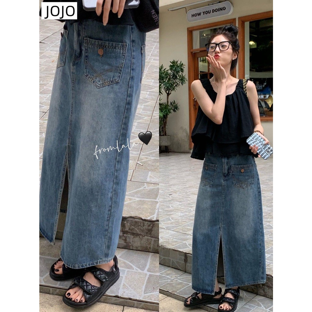 Chân Váy Denim Lưng Cao Dáng Chữ a Thiết Kế Xẻ Tà Thời Trang Mới Cho Nữ