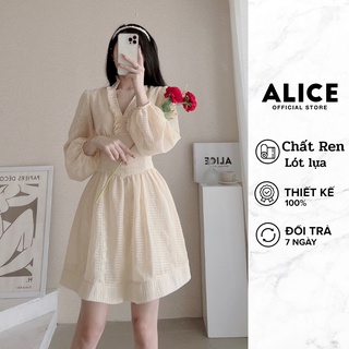 Váy Ren Tiểu Thư Cổ Bèo ALICE, Thiết Kế Chiết Eo Dáng Xòe Phối Tay Bồng Sang Chảnh V758