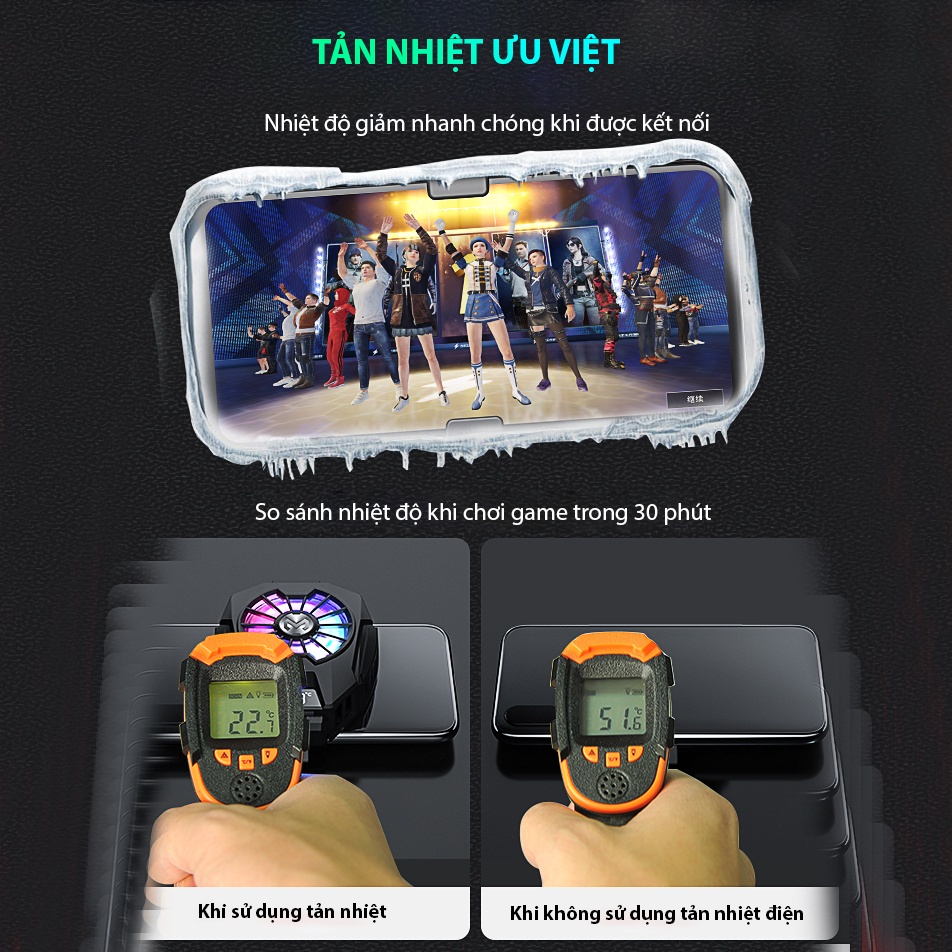 Quạt tản nhiệt điện thoại MEMO DL05-FREESHIP-làm mát bằng sò lạnh siêu mát, có màn hình hiển thị nhiệt độ-BH 12 tháng
