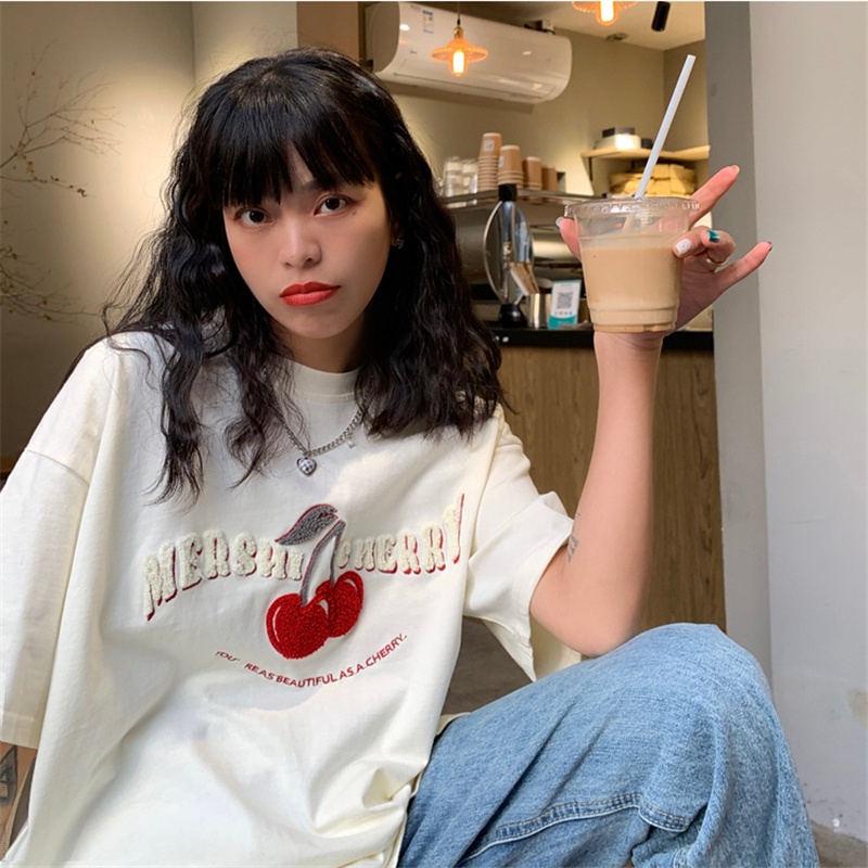 Áo thun SUXI ngắn tay cổ tròn in họa tiết trái cây đơn giản cho nữ