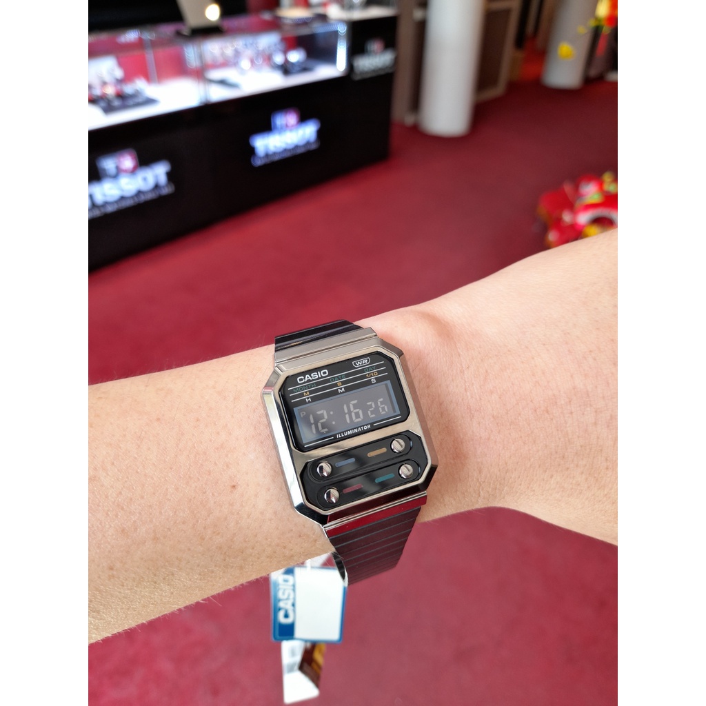 Đồng hồ nam điện tử Casio dây kim loại A100WE-1ADF chính hãng