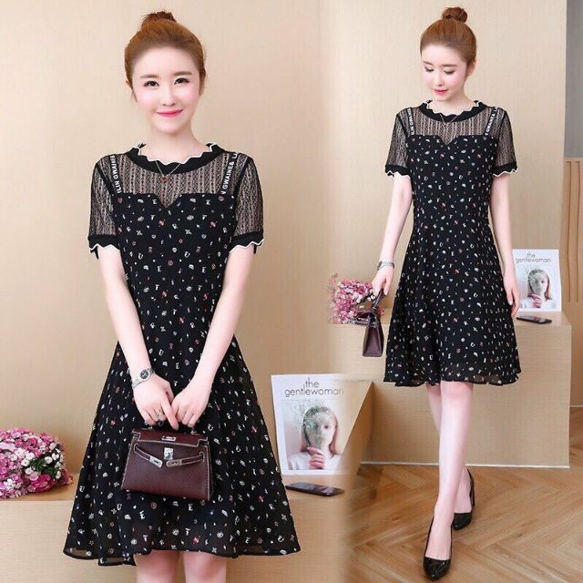 Đầm suông họa tiết phối tay ren