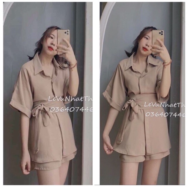 set sơmi oversize form rộng nude, trắng + quần short thắt nơ eo (ảnh thật)