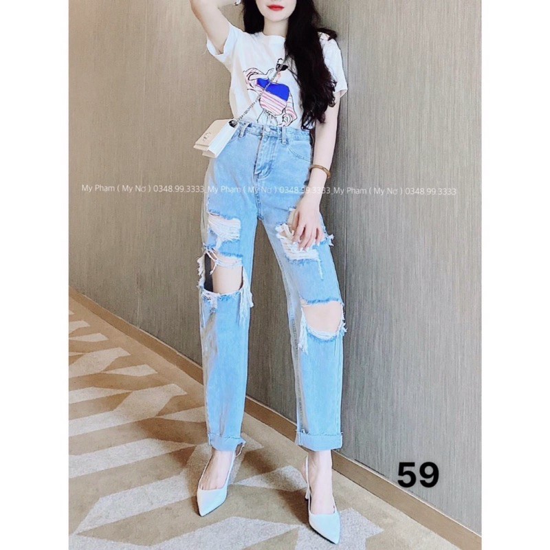 Quần Baggy Jean Nữ Lưng Cao Rách Kiểu Cá Tính. Size SML. Quần Baggy Nữ Ms59