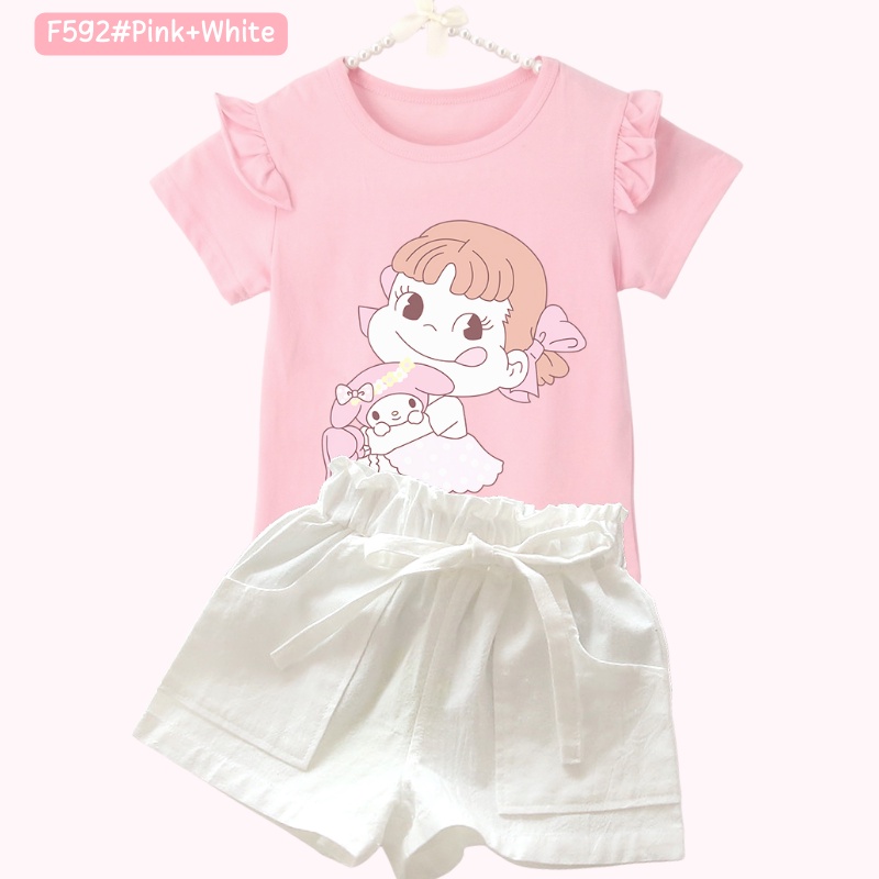 Bộ Áo Thun 100% Cotton In Họa Tiết Công Chúa Hoạt Hình Kèm Quần Short Màu Kẹo Cho Bé Gái