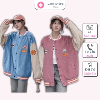 [Ảnh Thật] Áo Khoác Bomber Nhung gân form rộng phối màu siêu cute [Video Thật]