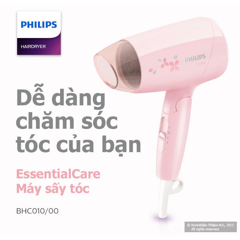 Máy sấy tóc du lịch Philips BHC010, 1200w, (màu hồng)- ( Hàng Công ty - Bảo hành 2 năm trên toàn quốc)