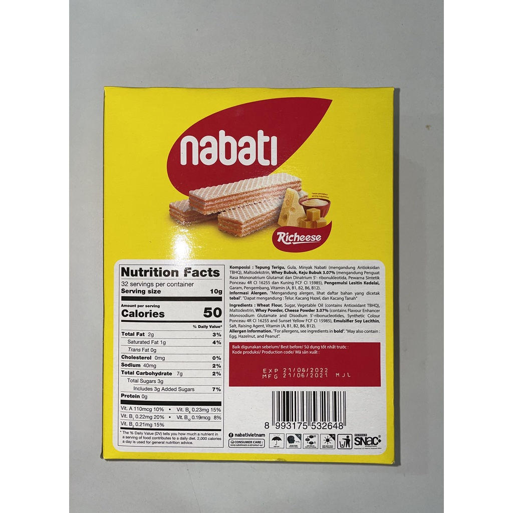 Bánh Kem Xốp Phô Mai Richeese Nabati Cheese Cream Wafer (Hộp 20 thanh x 16g)