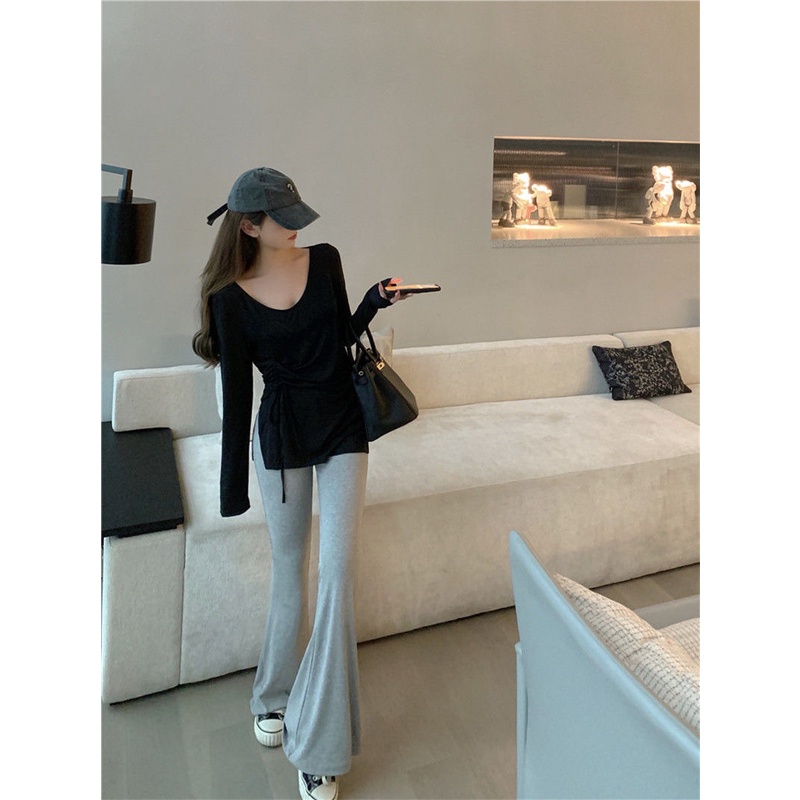 Áo Thun Tay Dài Phối Dây Rút Plus Size S-2XL