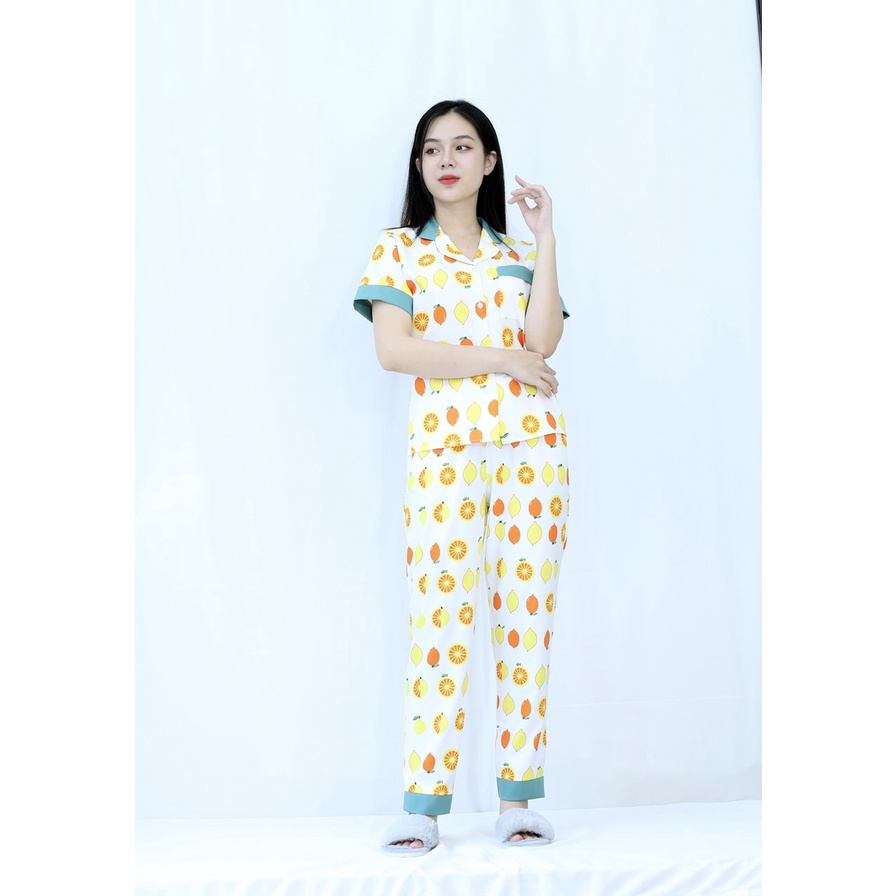 Bộ đồ Pijama nữ quần dài tay ngắn MÀU TRẮNG QUẢ CAM PHA CỔ XANH - SIÊU XINH - vải lụa - Cực Kì Sang Chảnh