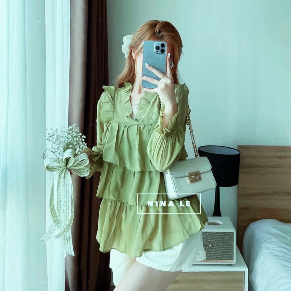 Set áo bèo tầng trễ vai mix quần tacta dễ thương sét bộ nữ bánh bèo xinh xắn LD140