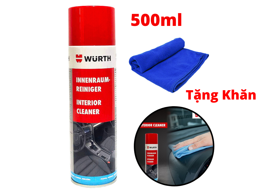 Bình Xịt Vệ Sinh Nội Thất Ô Tô Hoạt Tính Wurth Interior Cleaner 500ml Tặng Khăn