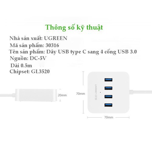 Hub Chia 4 Cổng USB Type C 3.0 Ugreen 30316 Hỗ Trợ Nguồn 5v- Hàng Chính Hãng