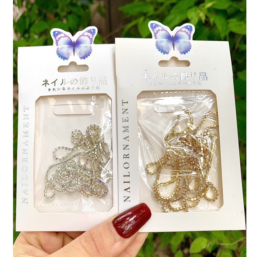 Phụ kiện dây xích kim loại đính đá 3D long lanh sang trọng trang trí móng nghệ thuật