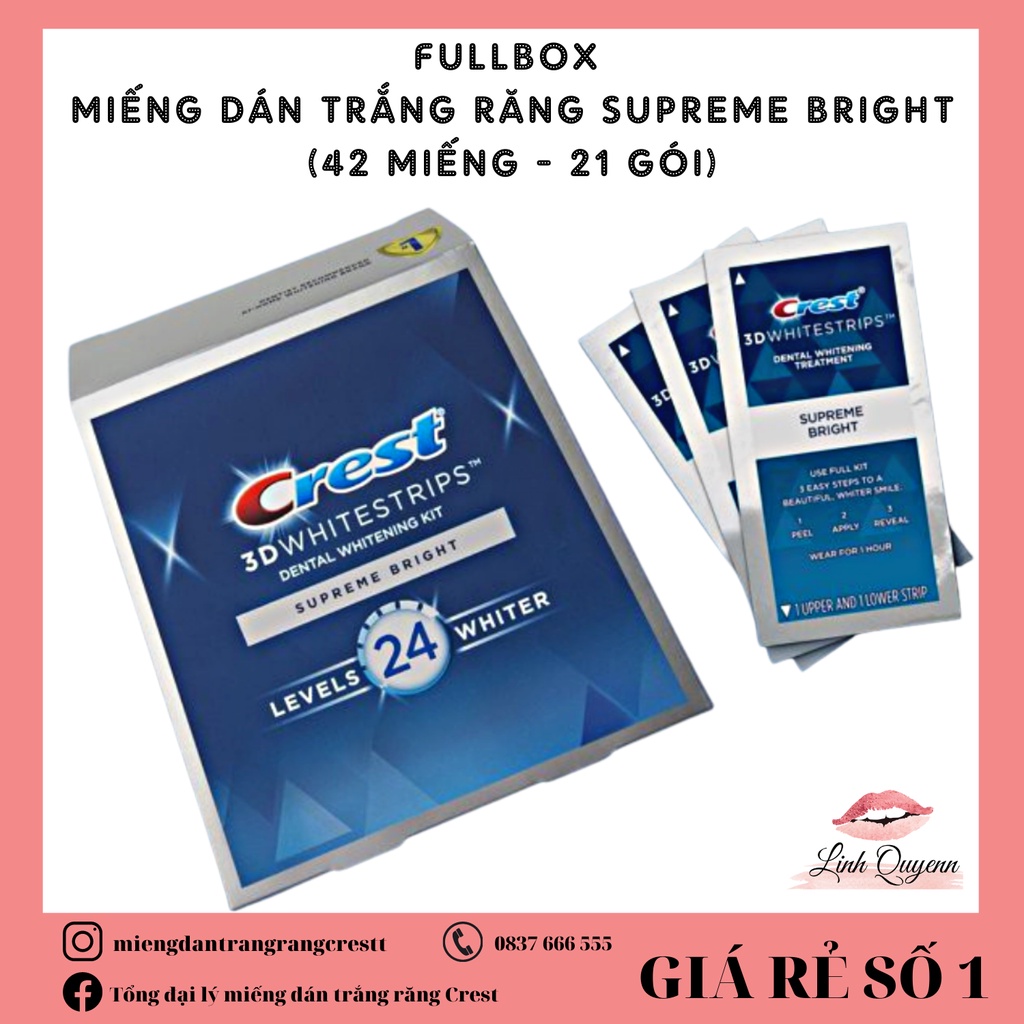 Miếng Dán Trắng Răng Crest Supreme Bright (Flexfit mẫu mới) 21 GÓI - FULLBOX CAM KẾT TRẮNG RĂNG 100%