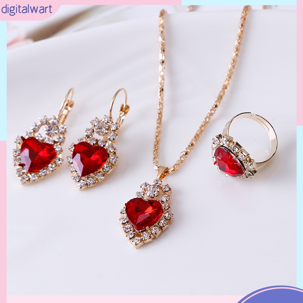 Bộ Vòng cổ + Bông Tai + Nhẫn Hình Trái Tim Đính Đá Lấp Lánh