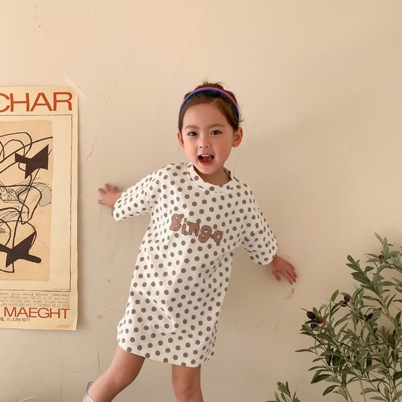 Đầm Thun Dài Tay Ngắn In Chữ Thời Trang Xuân Hè Cho Bé Gái