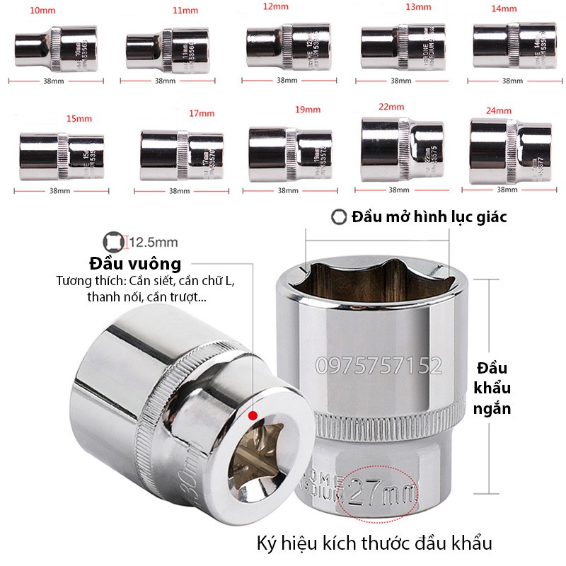 Bộ 10 đầu khẩu ngắn 10-24mm 6 cạnh 1/2 Inch cao cấp HARDEN, KAPUSI thép Nhật CR-V cứng 60HRC, đầu tuýp 1/2 chuyên nghiệp