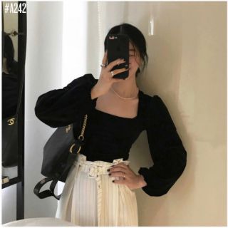 Áo lụa nhung cổ vuông tay phồng dài (2 màu)