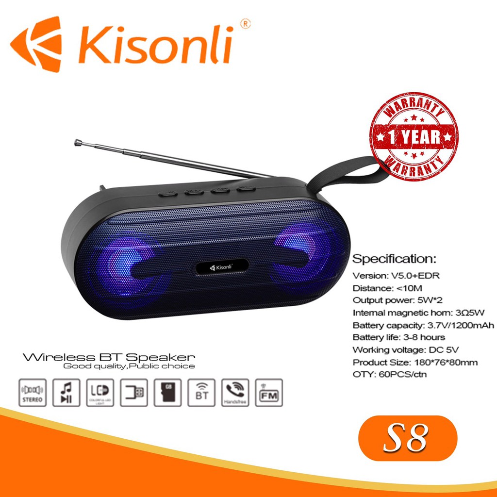 Loa Bluetooth Kisonli S8 v5.0 âm thanh cực hay siêu bền hàng chính hãng bảo hành 12 tháng 1 đổi 1 (màu ngẫu nhiên)