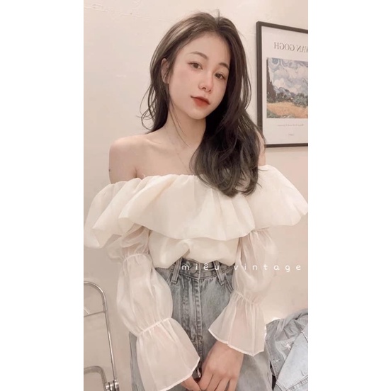 Áo sơ mi trễ vai tay loe siêu xinh